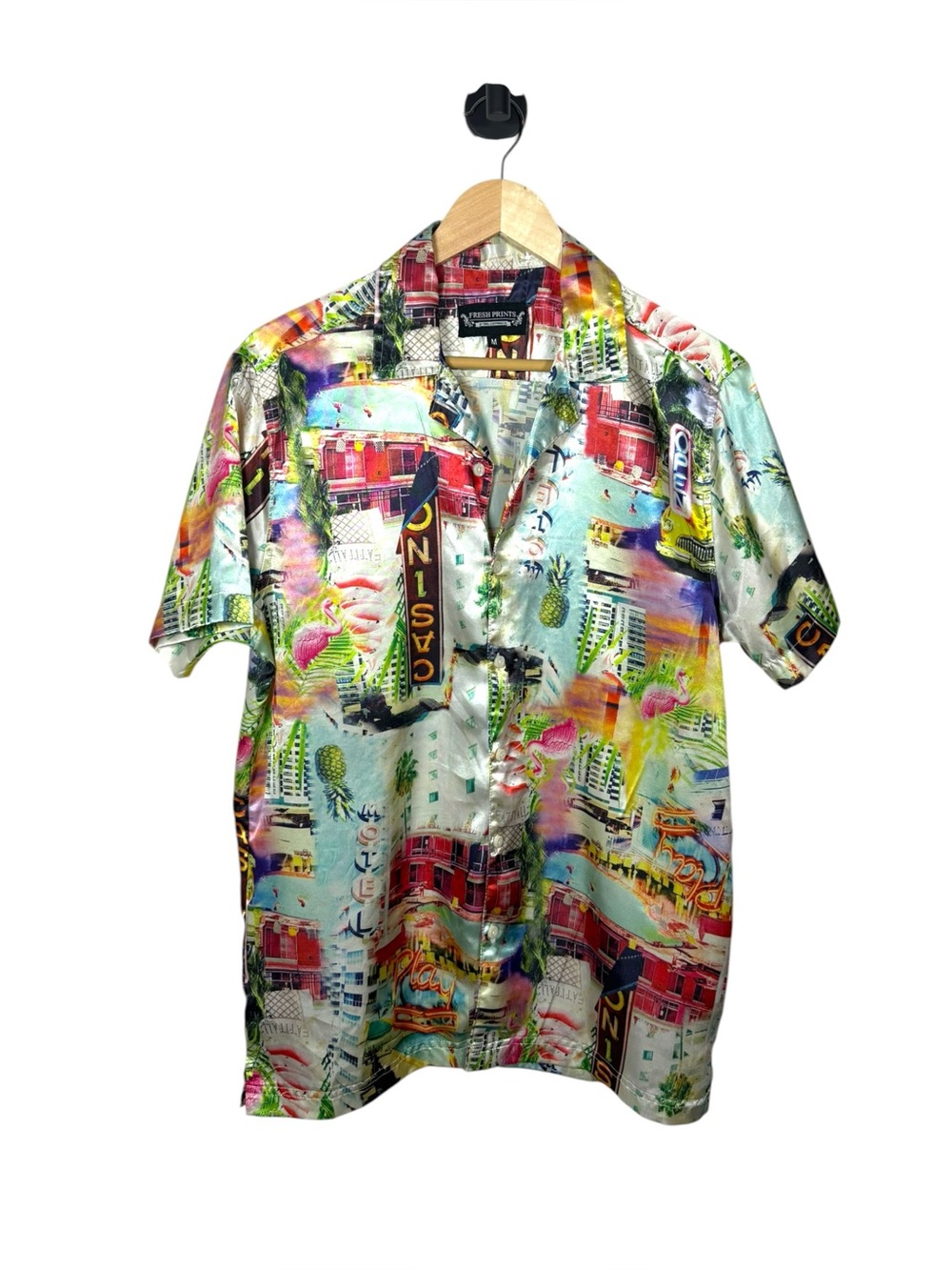 Fresh Prints Casino Satin Button Down Shirt Graphic Resort Camp Shirt Size M